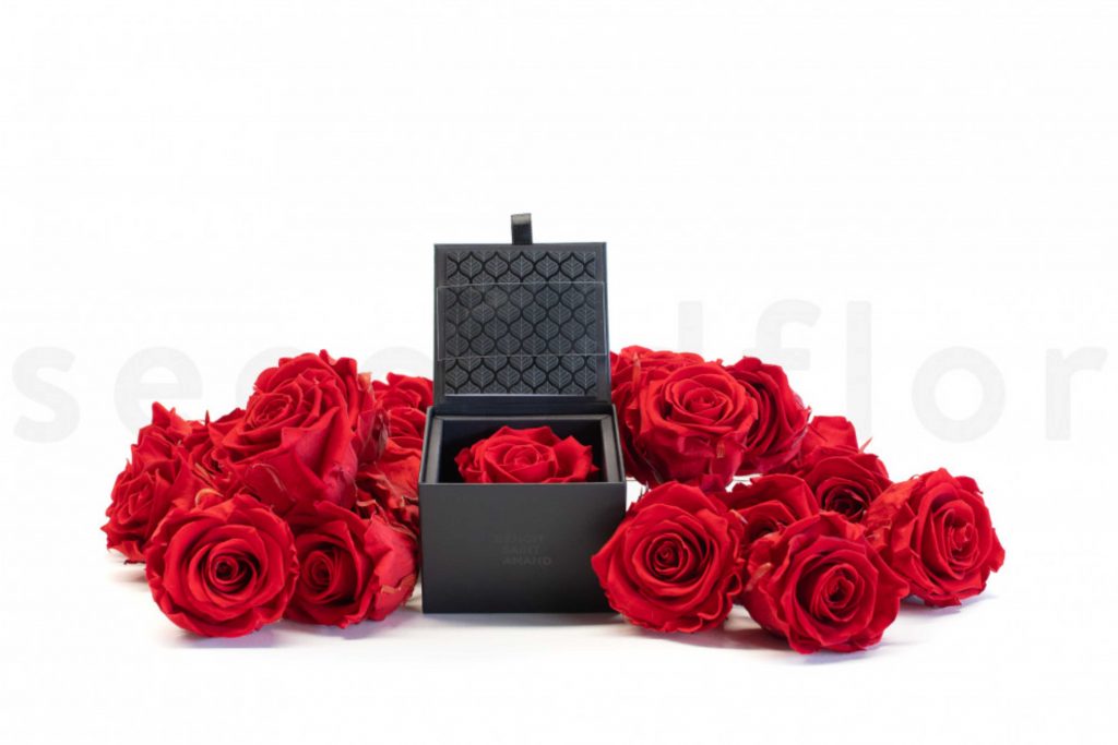 le secret rose rouge dans un écrin noir luxuriant ideal pour faire des ventes additionnelles lors de fetes commerciales